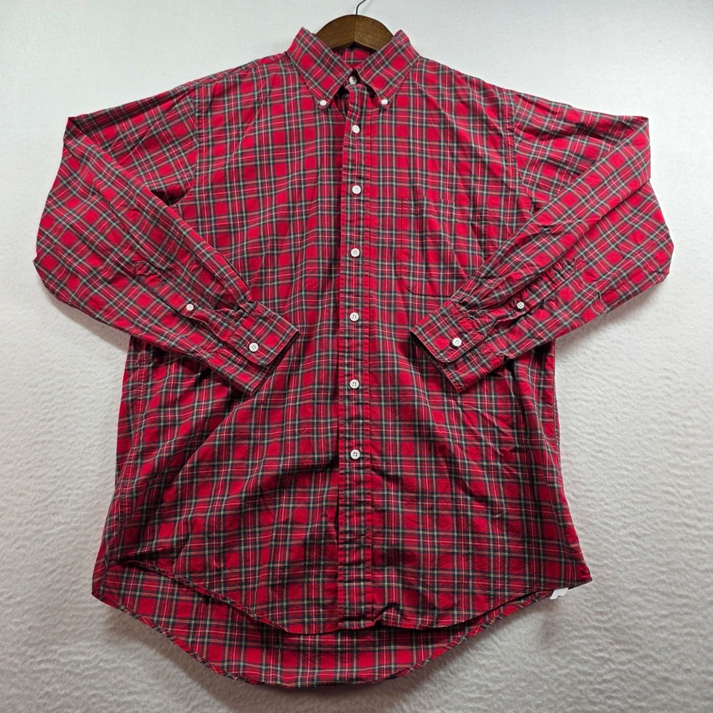 Vintage Lands End Mens Red Plaid Button Down Shirt 16/33 Cotton Made in USA 8/91